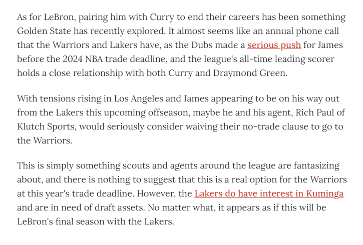 世界杯直播入口-内讧传闻推动詹皇离开湖人？名记：勒布朗或最终和库里联手